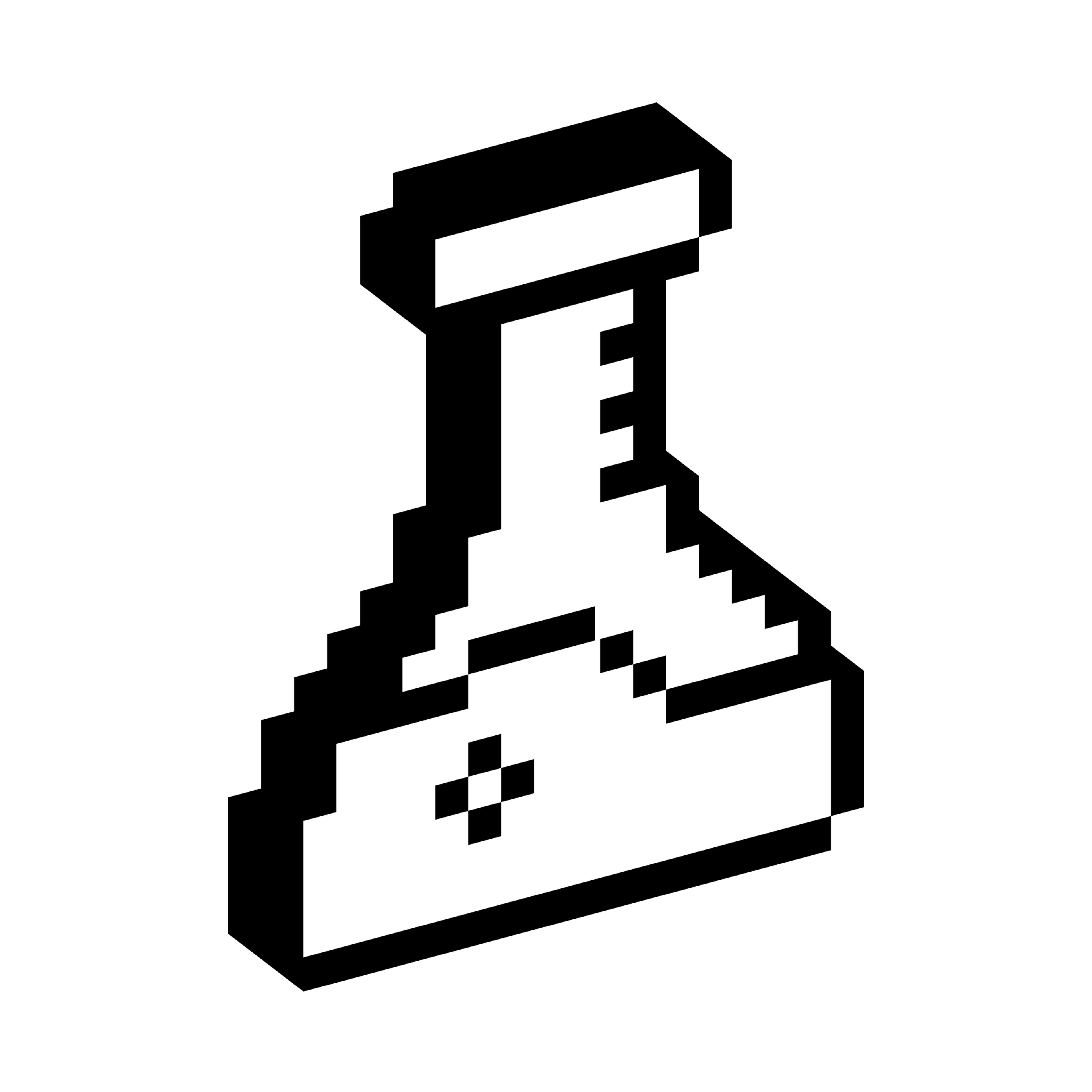 Laboratory flask with a narrow neck and wide base shown in a blocky three-dimensional pixel style