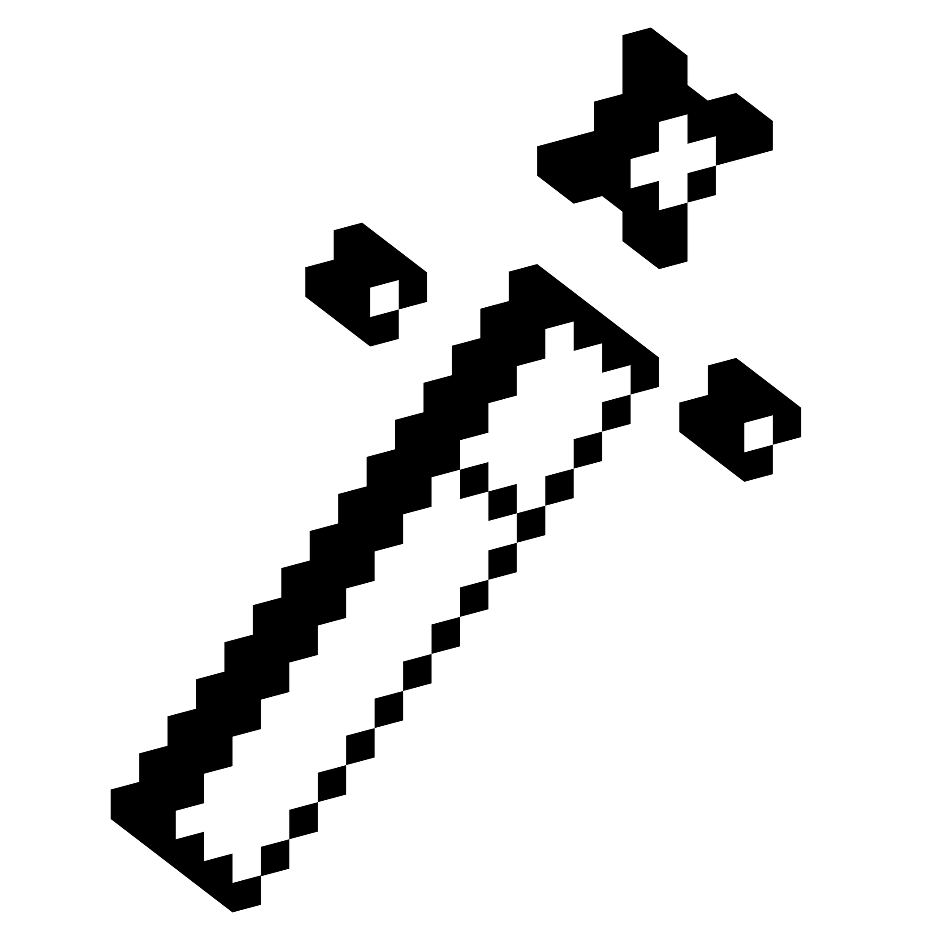 Angled wand with a pointed tip and small floating spark shapes displayed in a blocky three-dimensional pixel style
