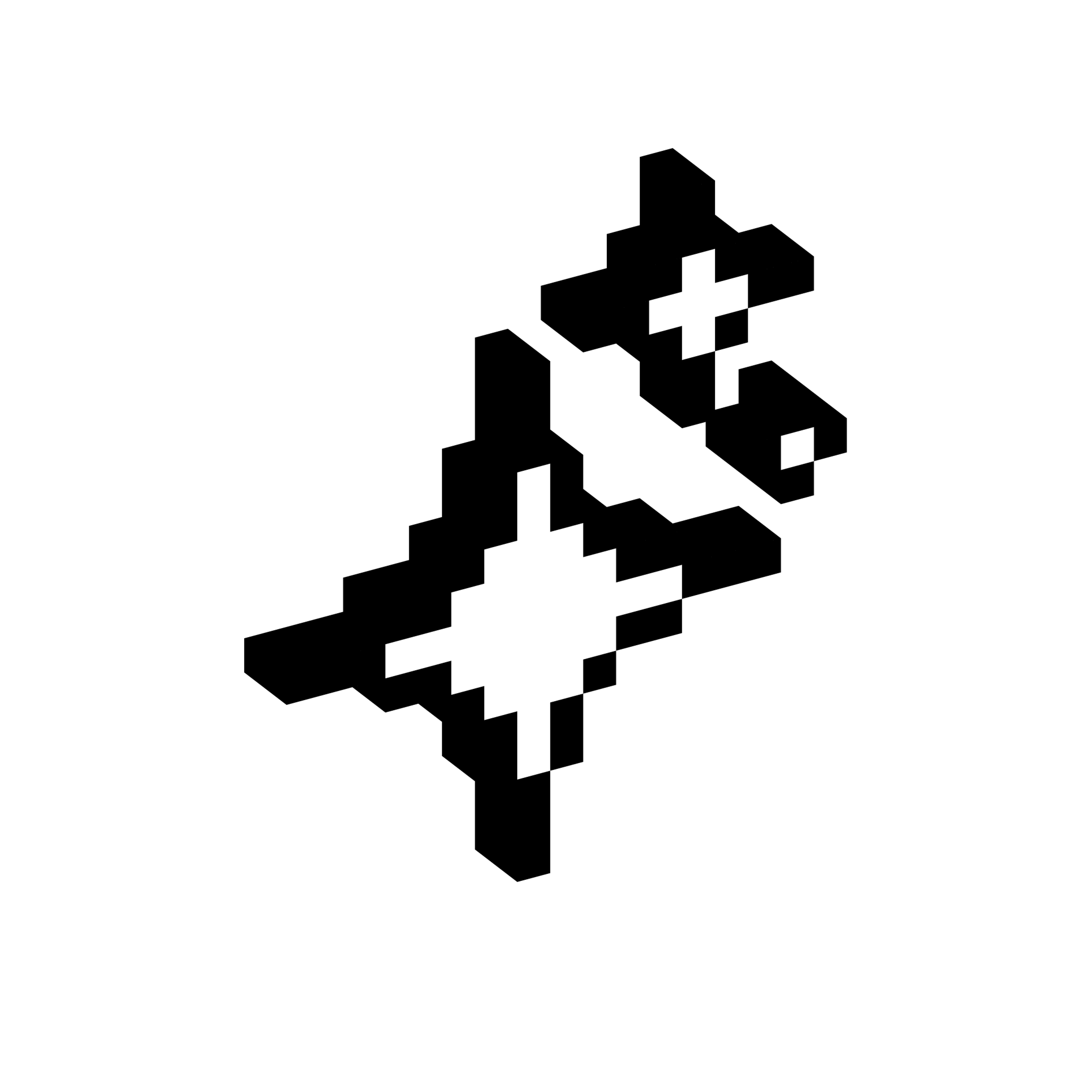 Four-pointed star shape with smaller surrounding spark shapes shown in a blocky three-dimensional pixel style