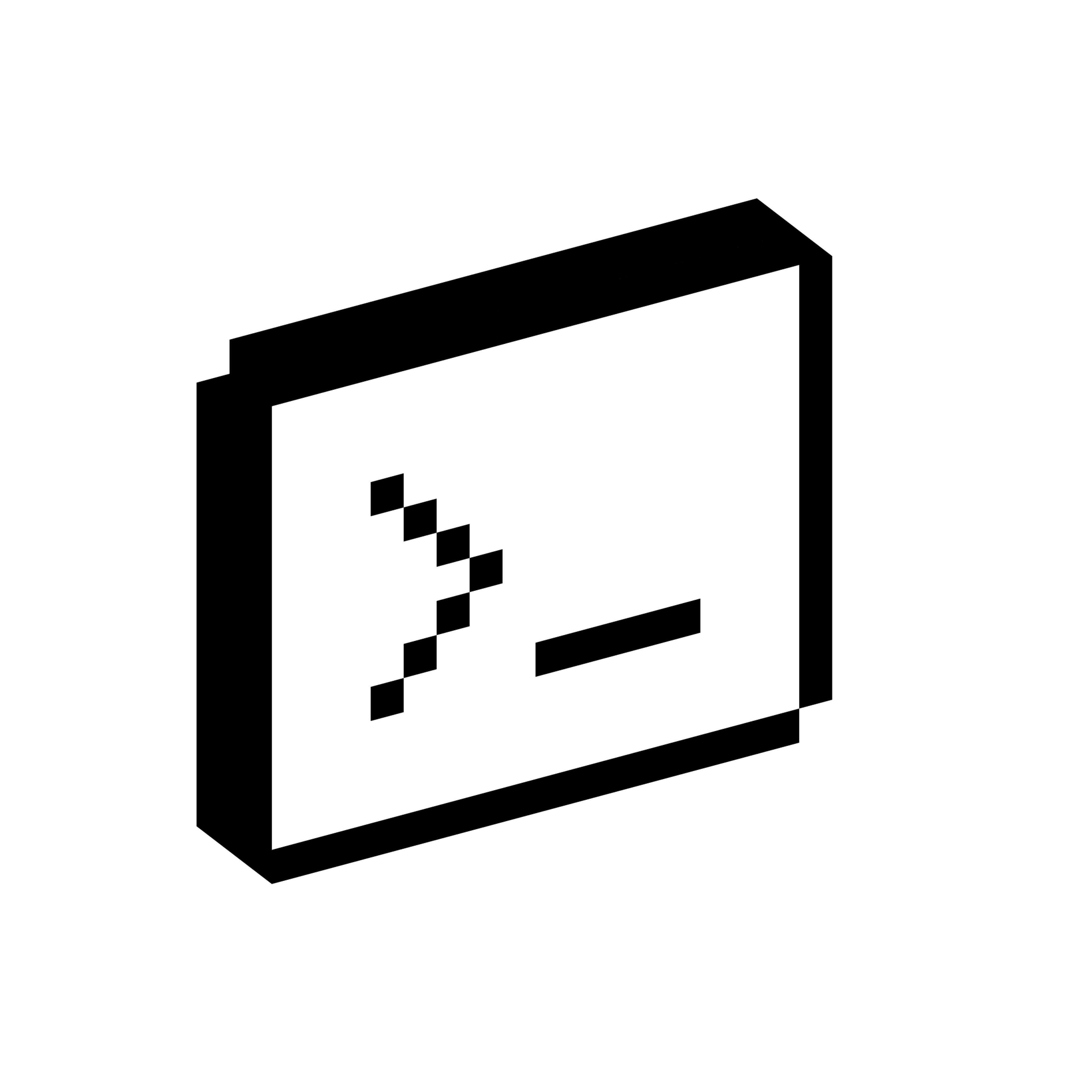 Rectangular window with a right-facing angle bracket and horizontal line shown in a blocky three-dimensional pixel style