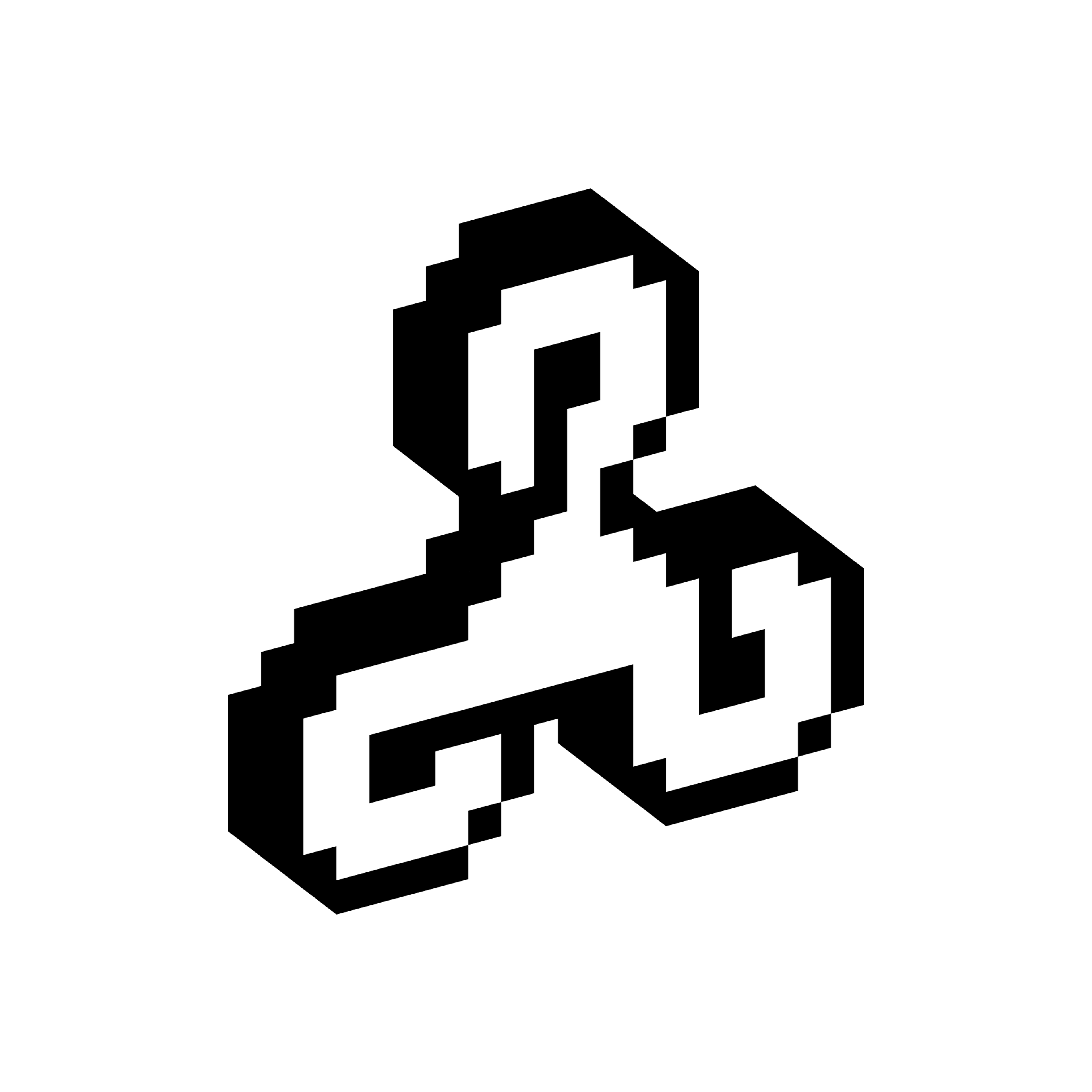 Three connected nodes joined by curved links displayed in a blocky three-dimensional pixel style