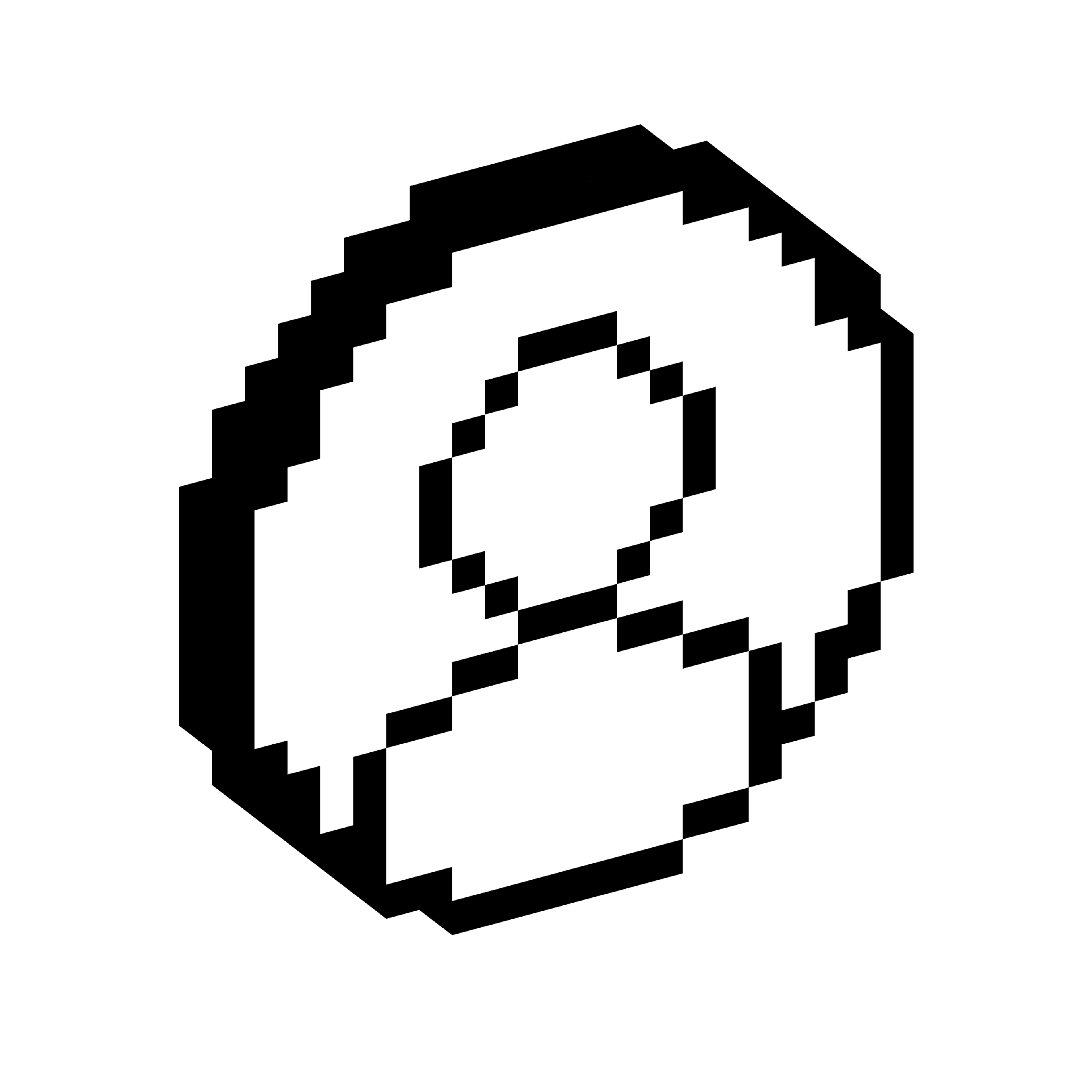 Two overlapping human head profile shapes displayed in a blocky three-dimensional pixel style