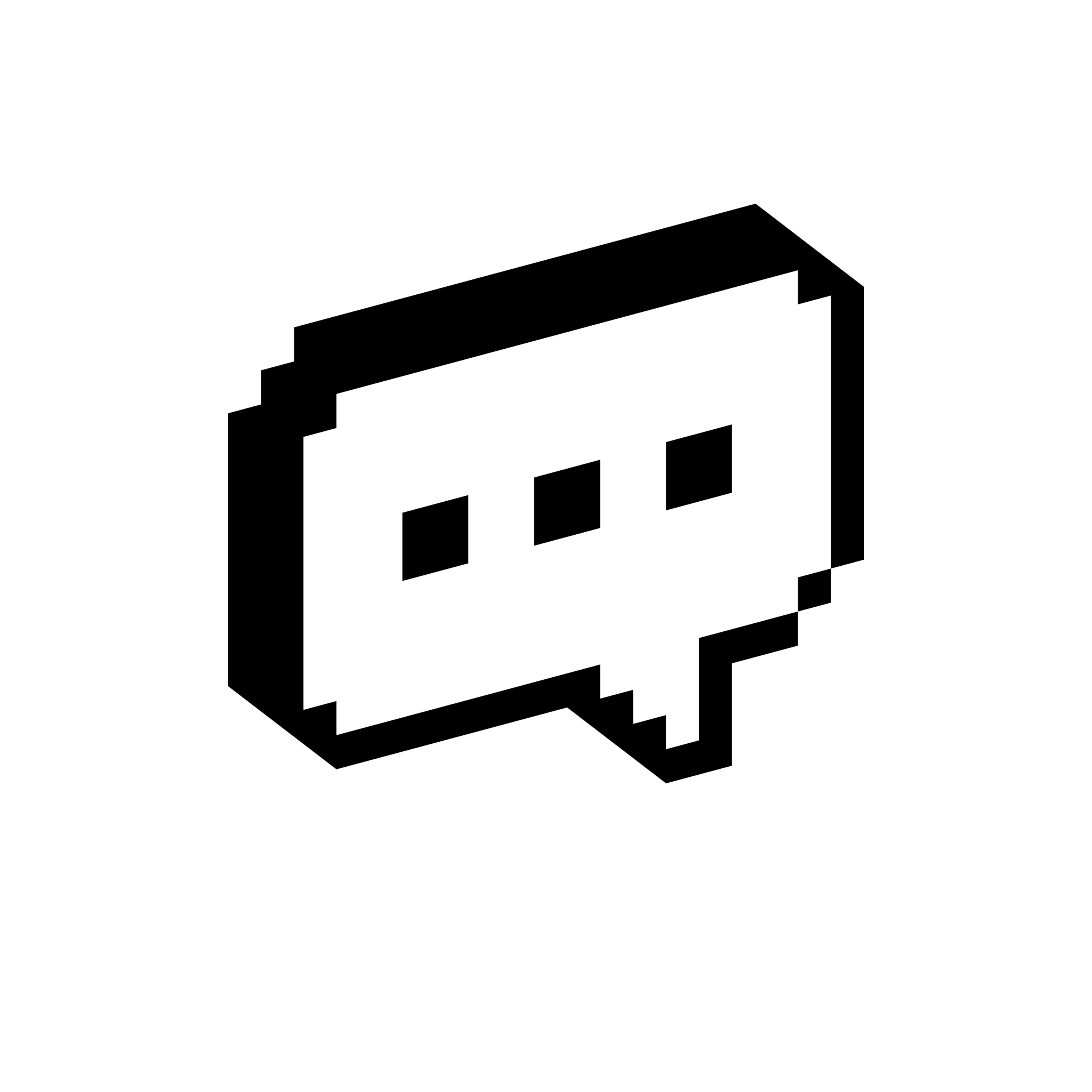 Single speech bubble with three square dots displayed in a blocky three-dimensional pixel style