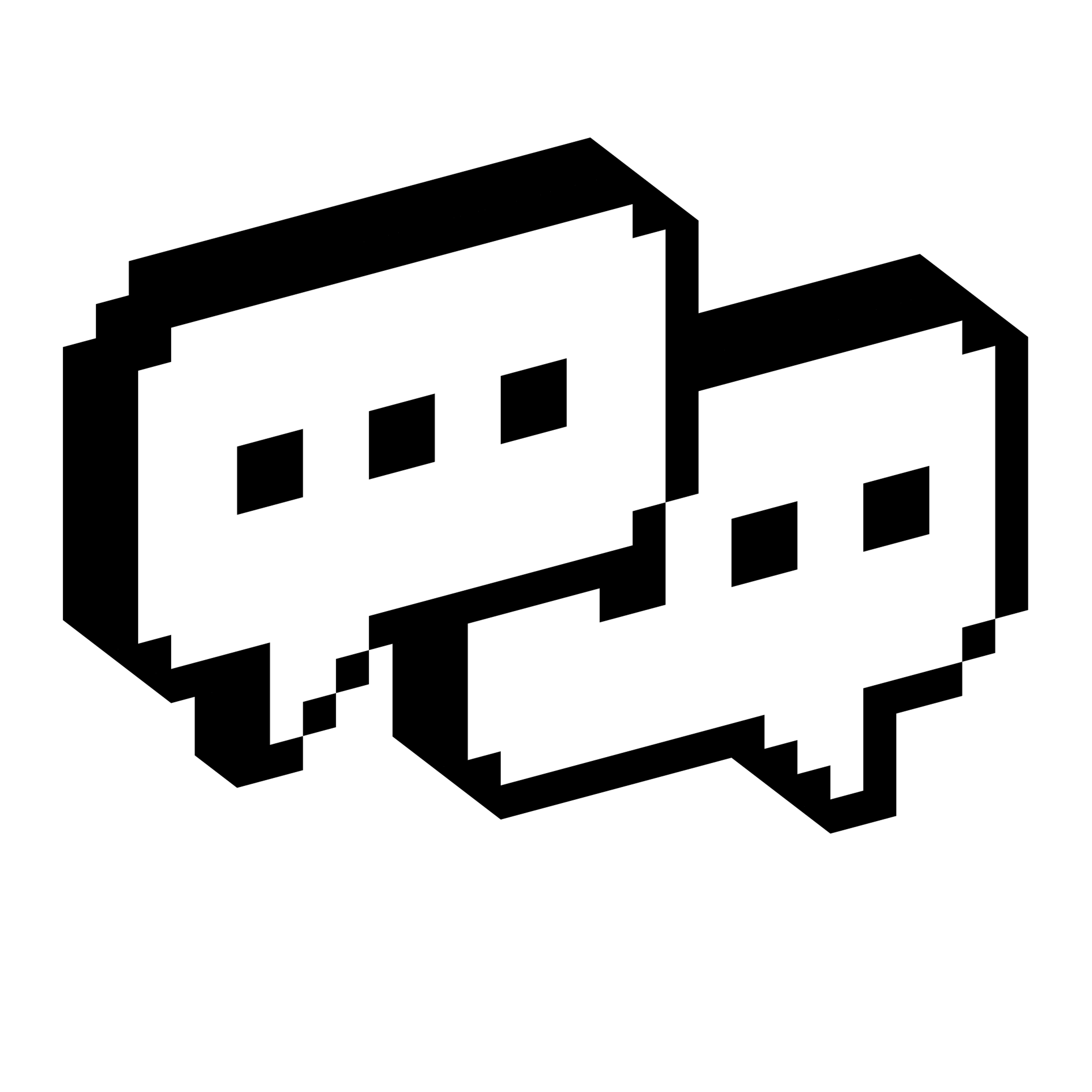 Two overlapping speech bubbles each containing square dots shown in a blocky three-dimensional pixel style