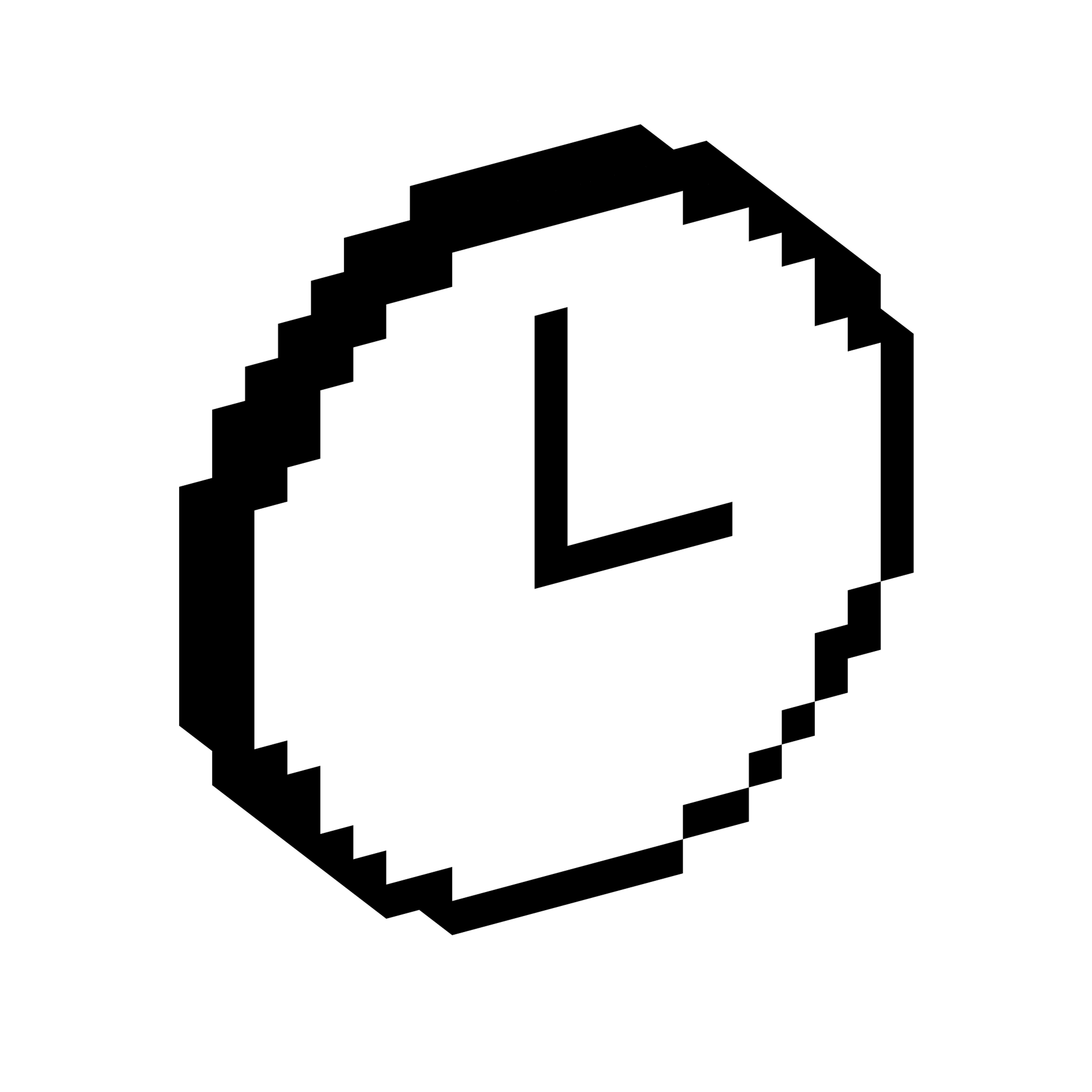 Round clock face with two hands displayed in a blocky three-dimensional pixel style