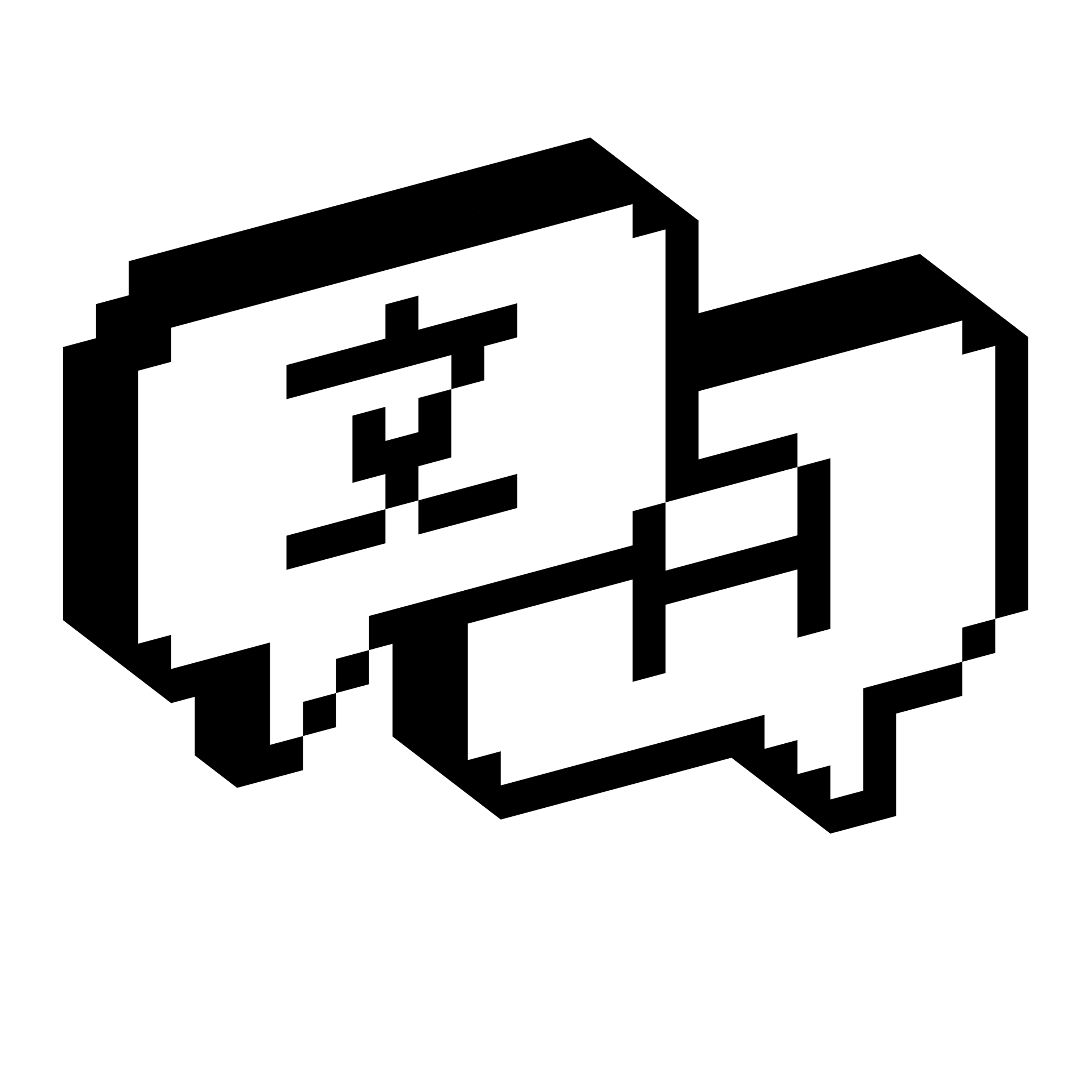 Two overlapping speech bubbles containing stylized letter and character shapes shown in a blocky three-dimensional pixel style