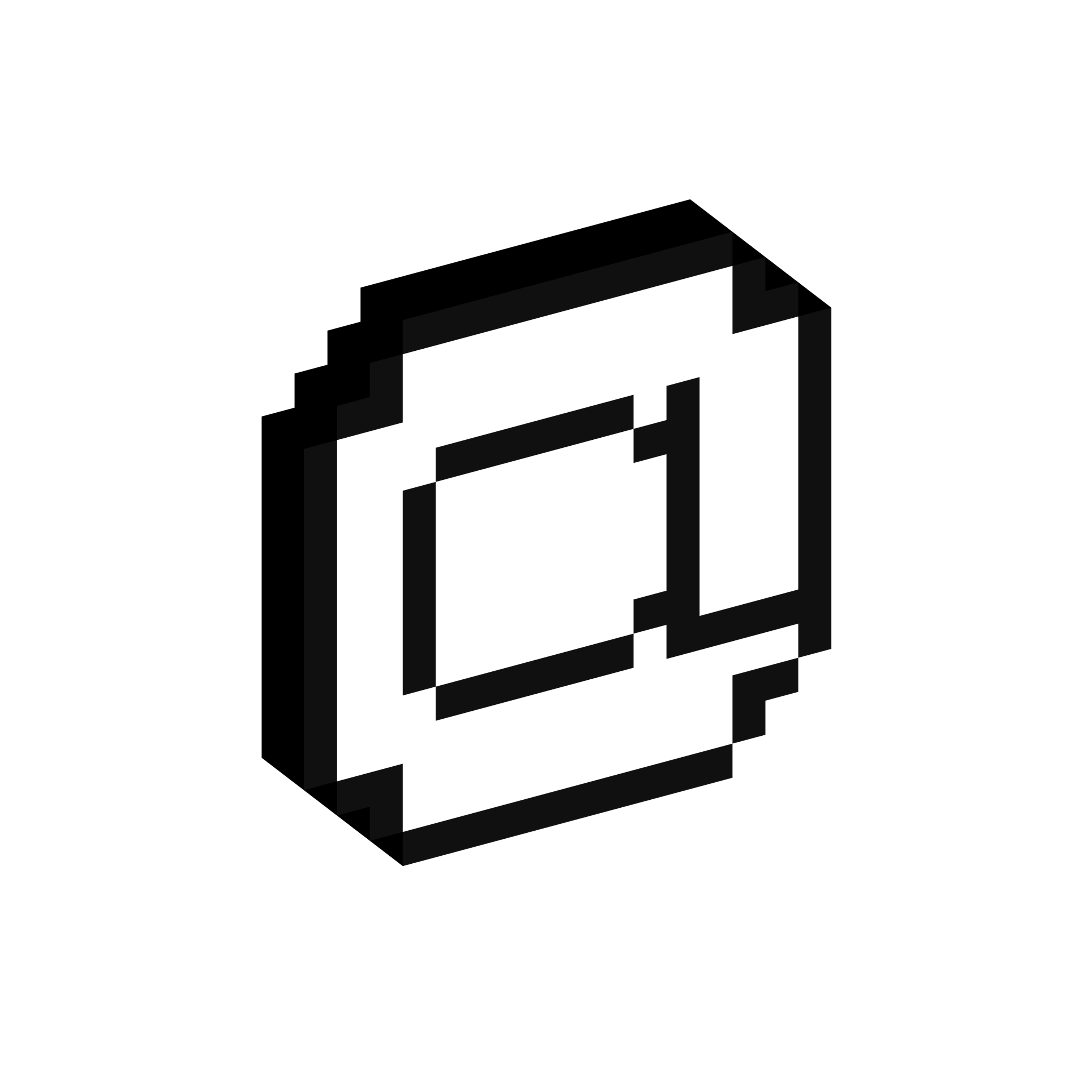 Square outline with an at-sign shape inside displayed in a blocky three-dimensional pixel style