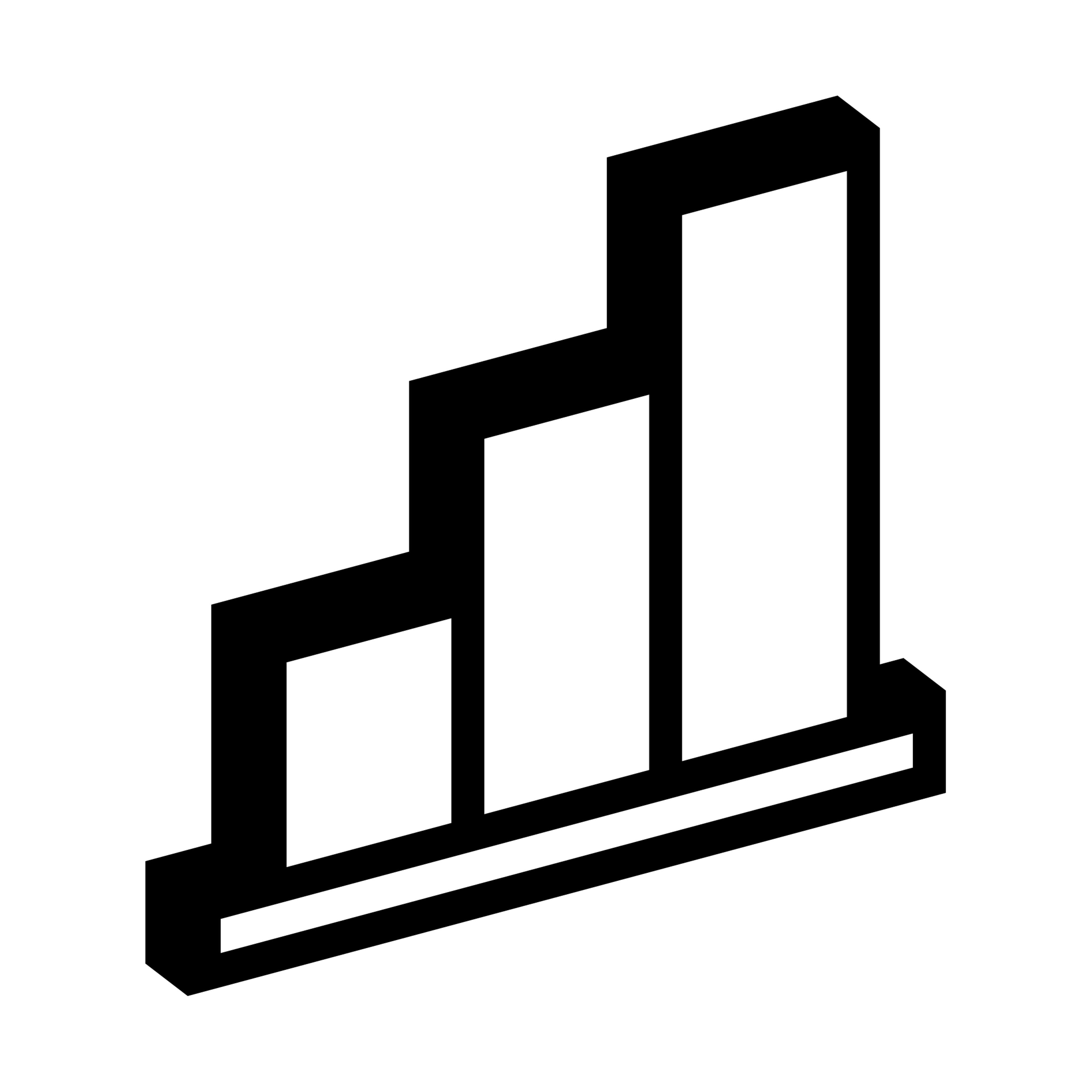 Three vertical bars of increasing height on a base line displayed in a blocky three-dimensional pixel style
