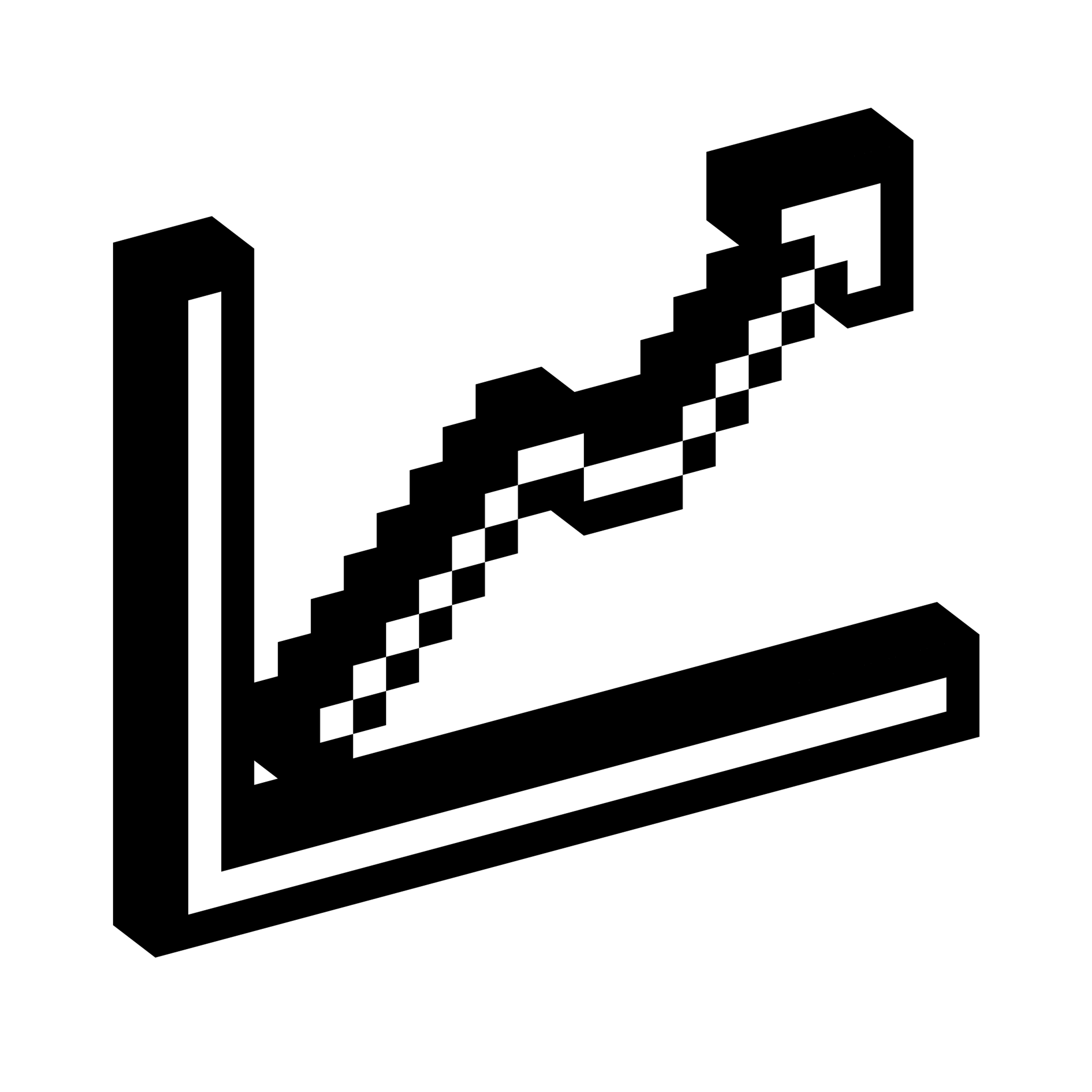 Angled line with an arrow rising across an L-shaped chart axis shown in a blocky three-dimensional pixel style