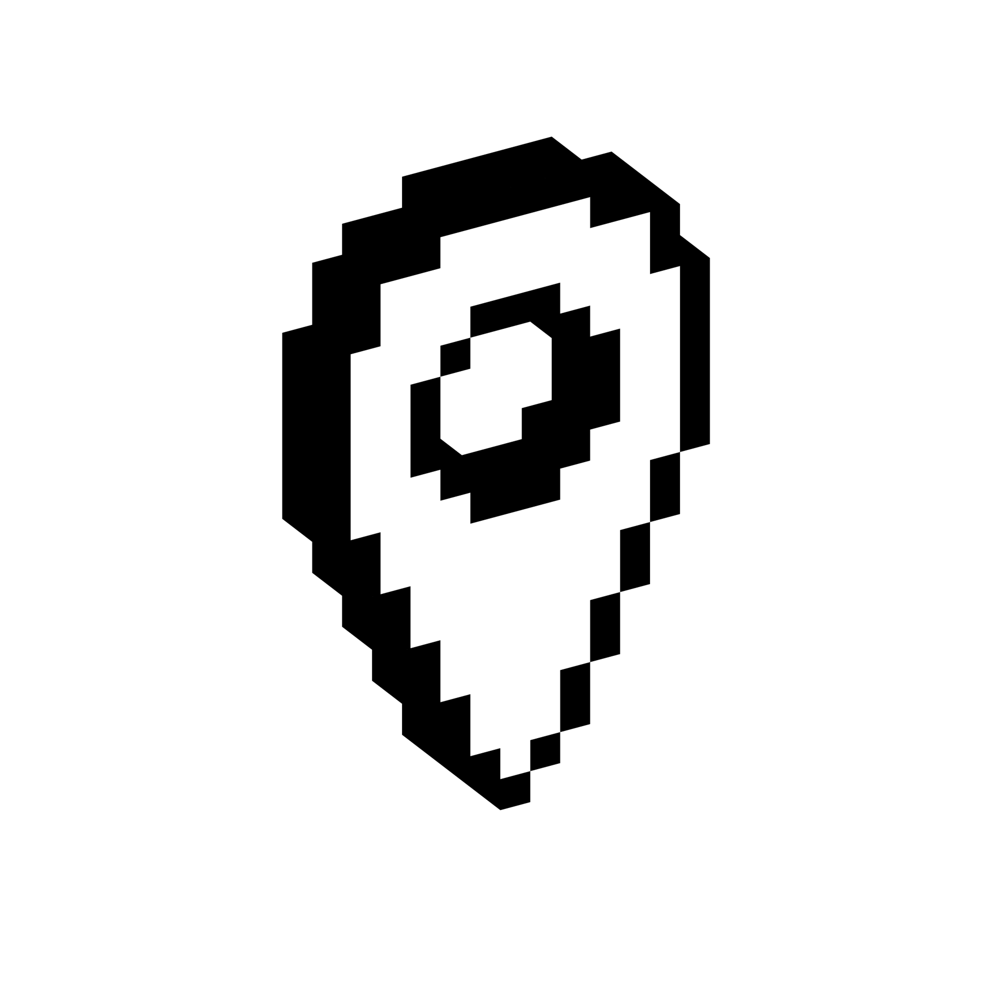 Teardrop-shaped map pin with a circular center shown in a blocky three-dimensional pixel style