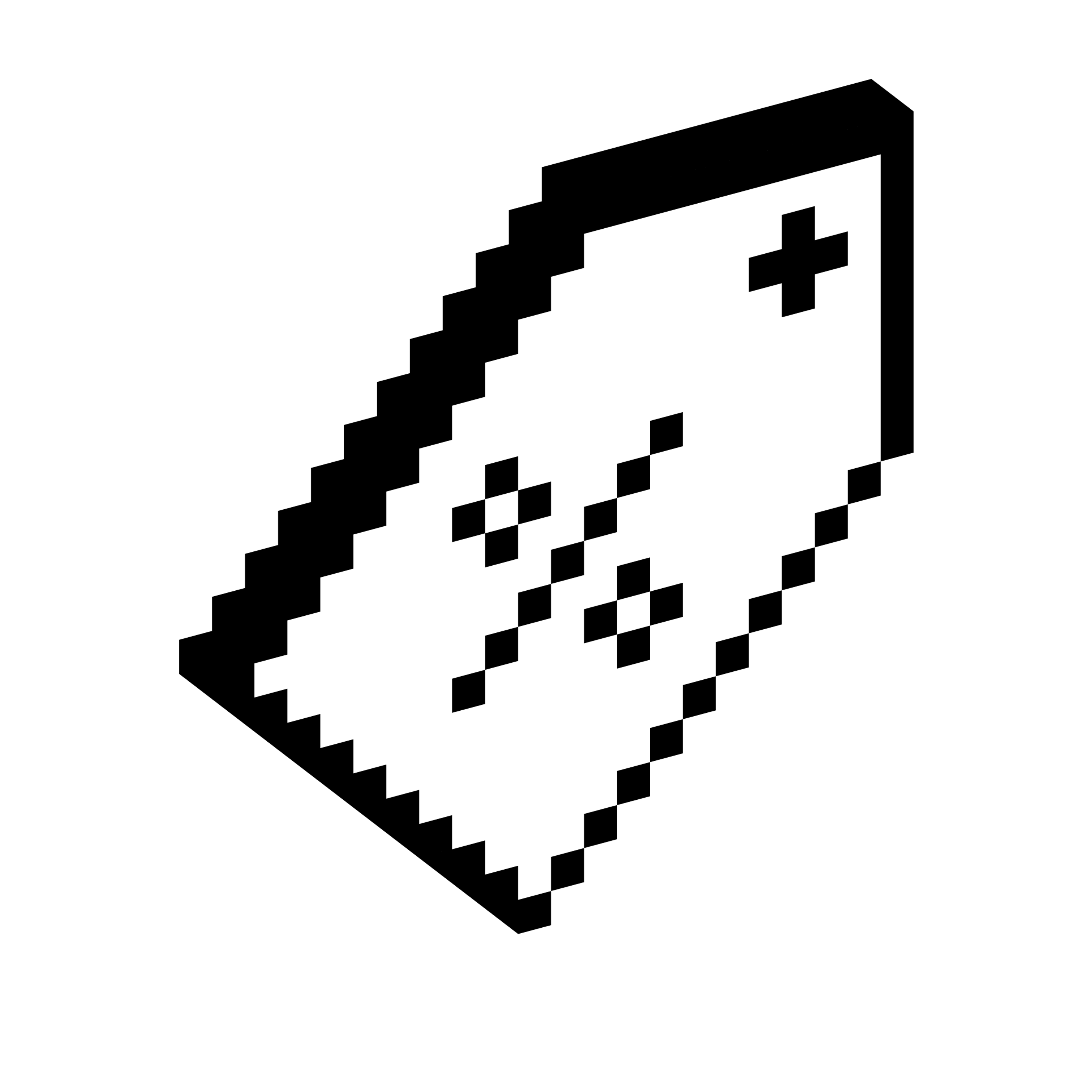 Angled price tag shape with a small hole and cross mark displayed in a blocky three-dimensional pixel style