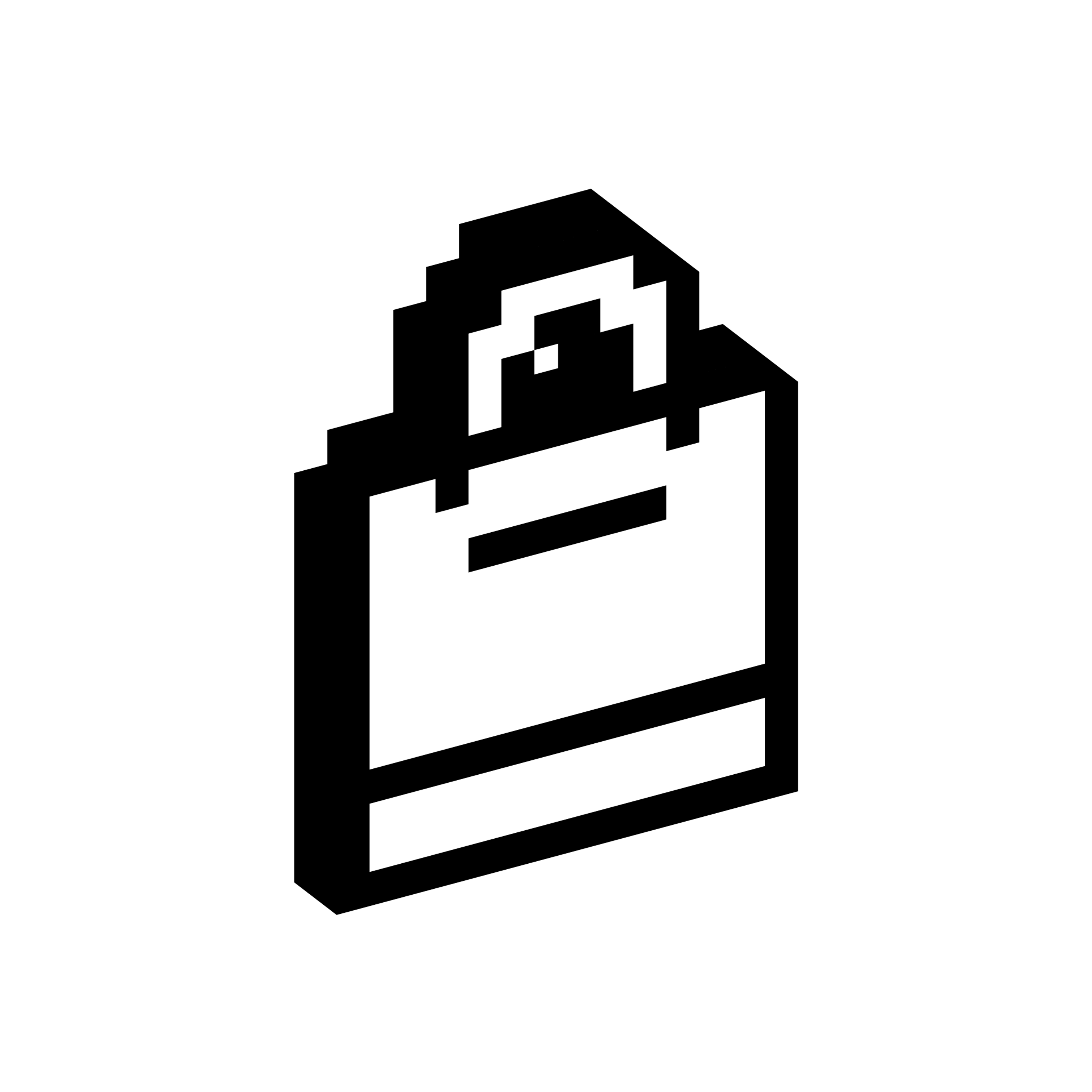 Rectangular shopping bag with a handle displayed in a blocky three-dimensional pixel style