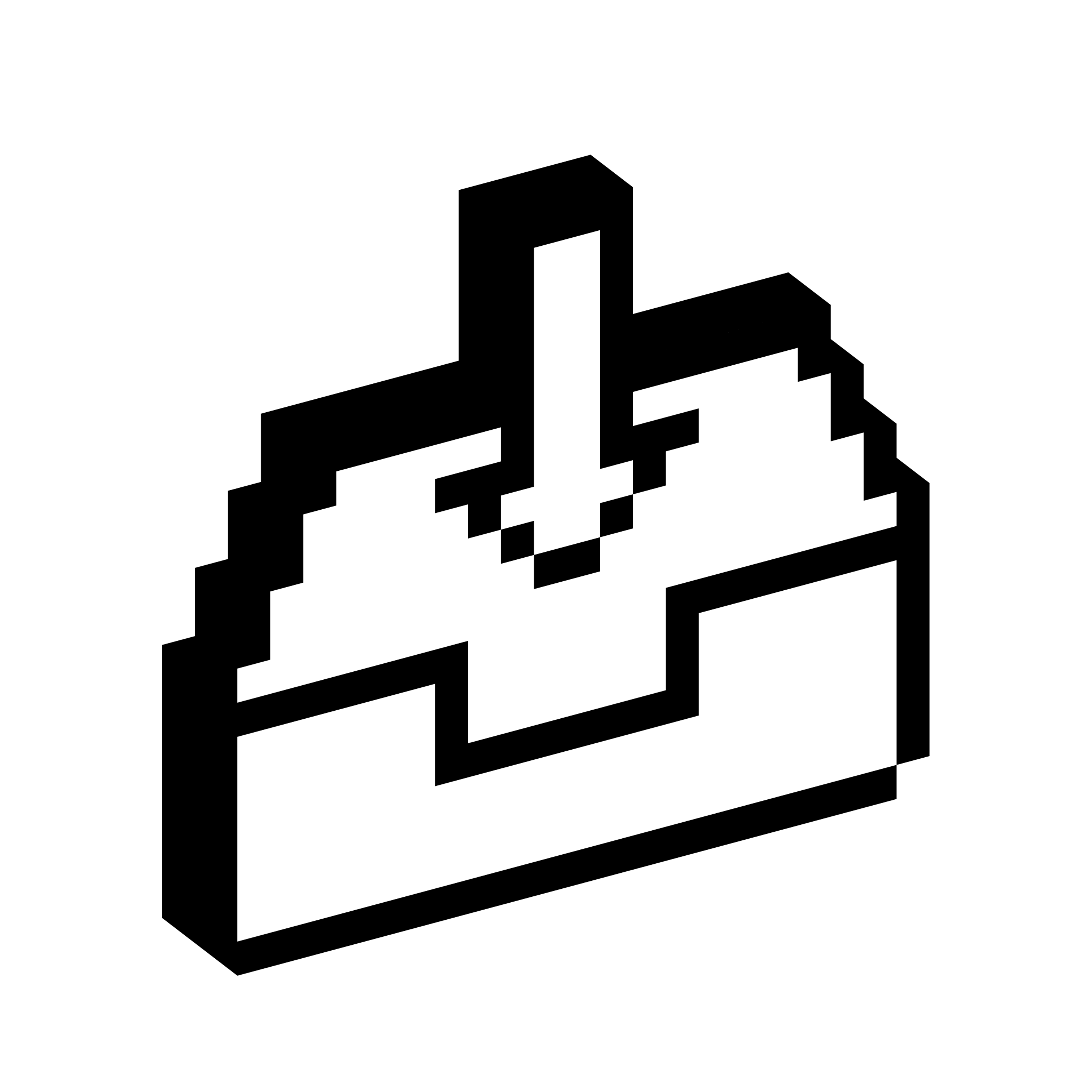 Open tray with a downward arrow inserted into it shown in a blocky three-dimensional pixel style