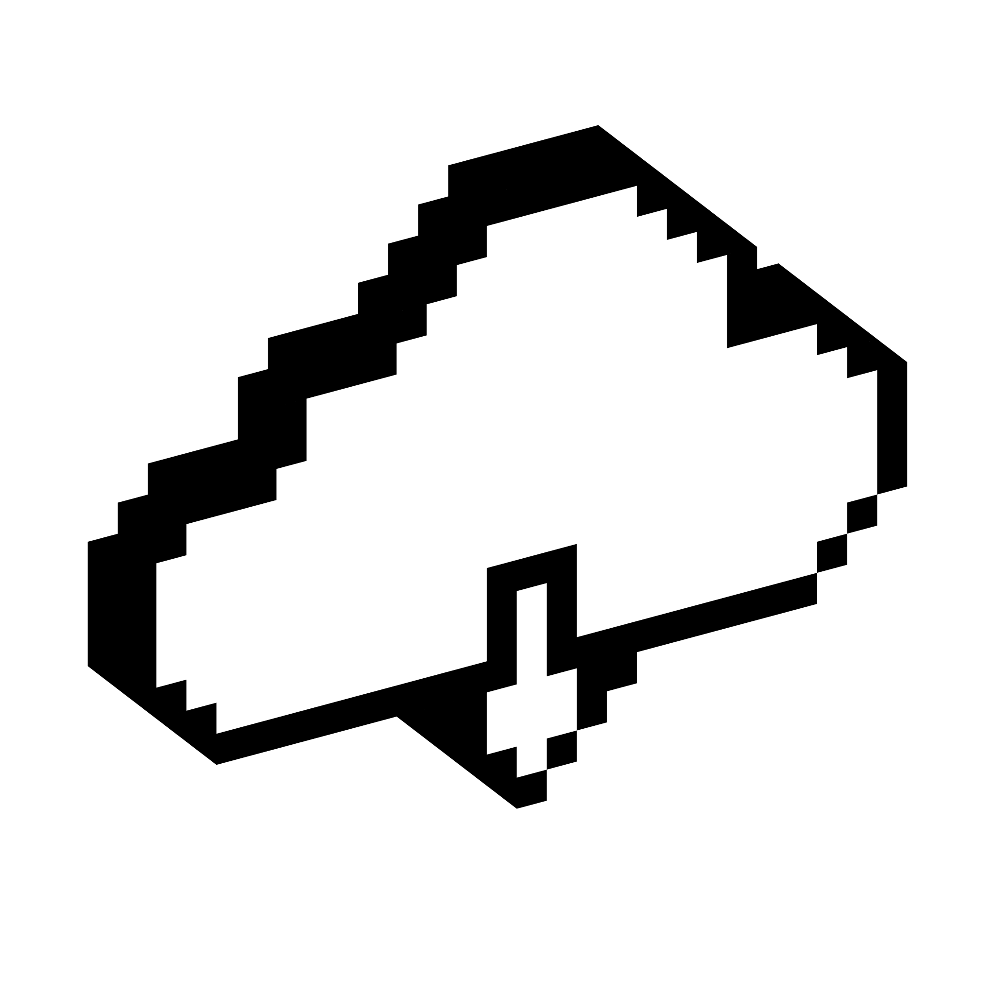Cloud shape with a downward pointing arrow displayed in a blocky three-dimensional pixel style