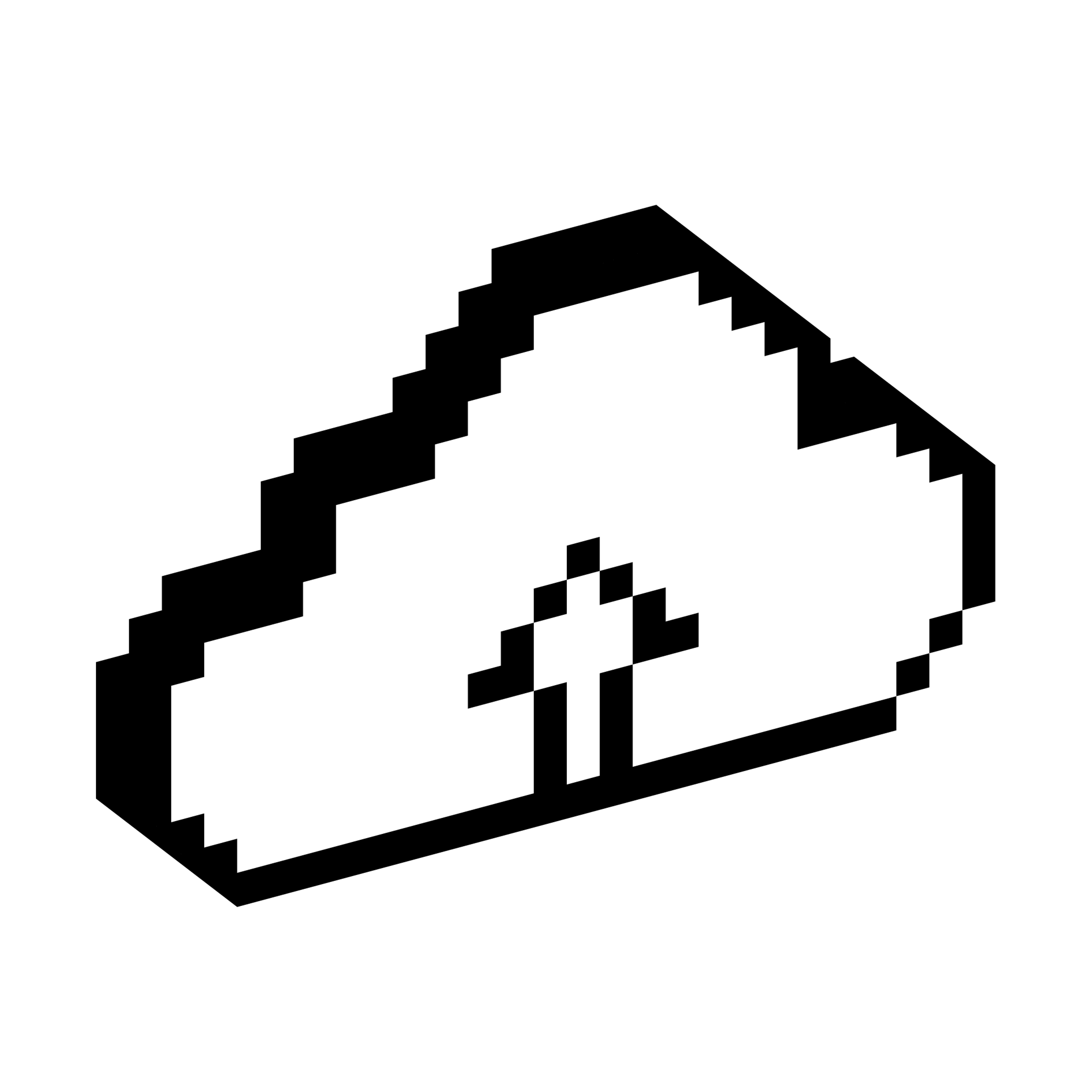 Cloud shape with an upward pointing arrow displayed in a blocky three-dimensional pixel style