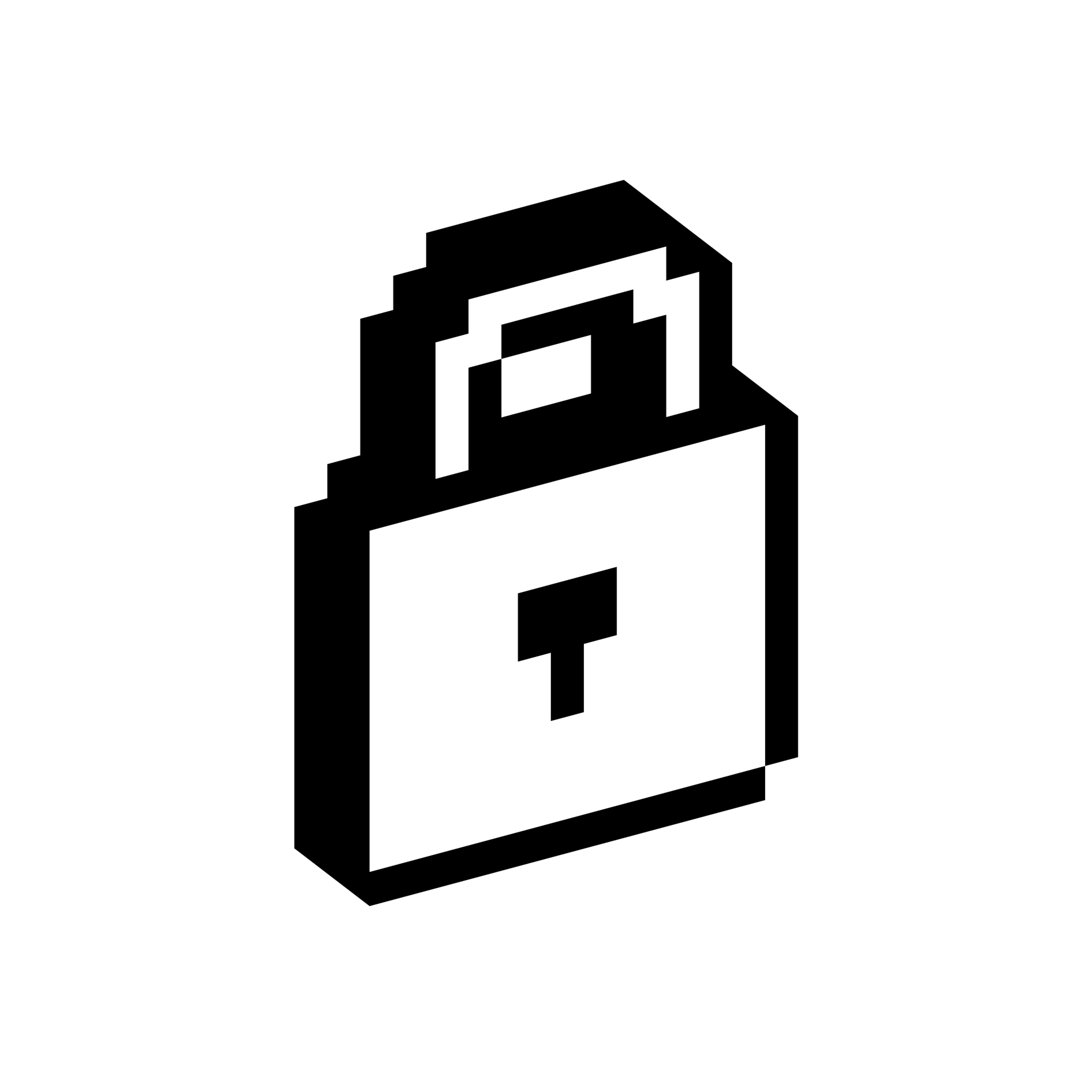 Padlock with a rectangular body and curved shackle shown in a blocky three-dimensional pixel style