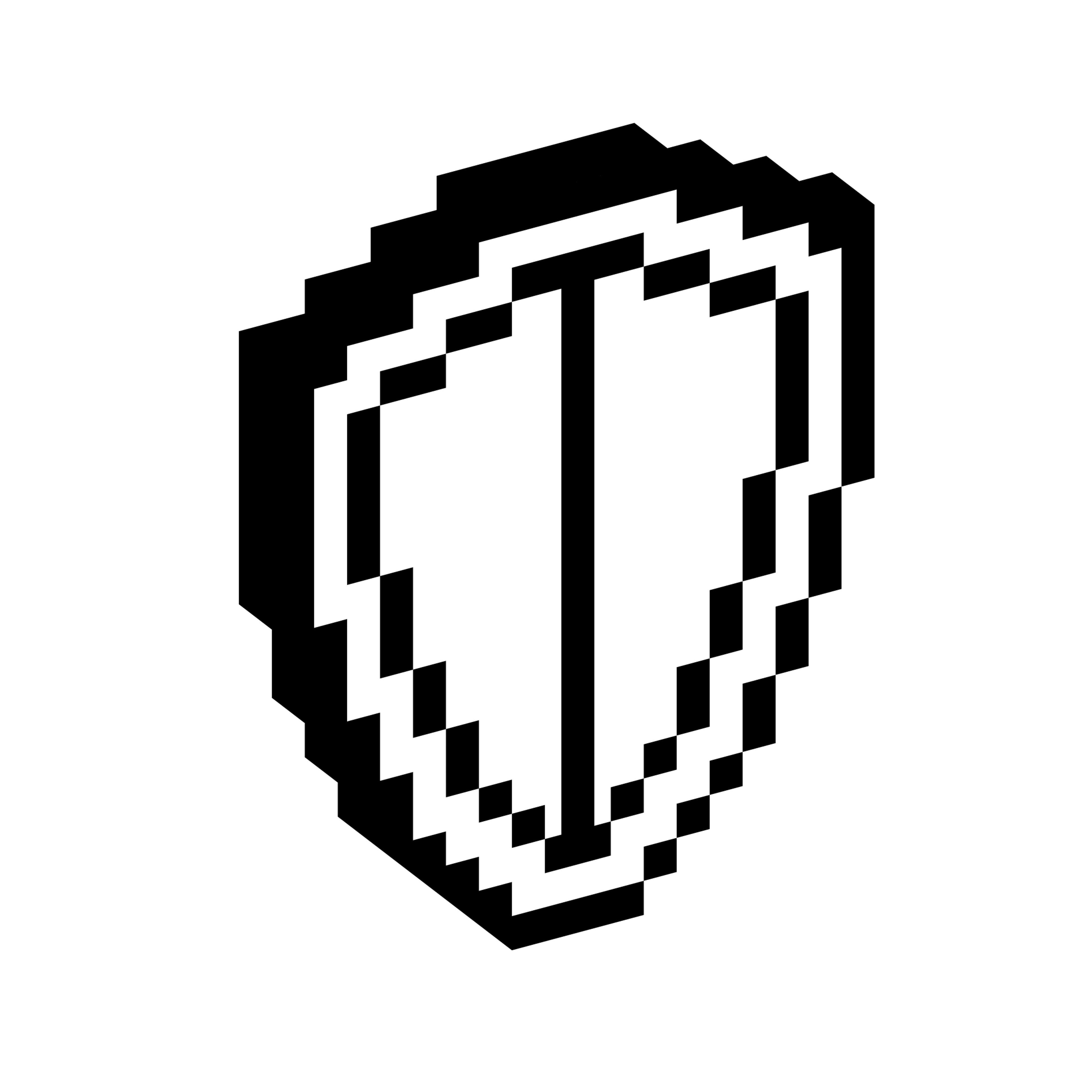 Shield shape with a central vertical division displayed in a blocky three-dimensional pixel style