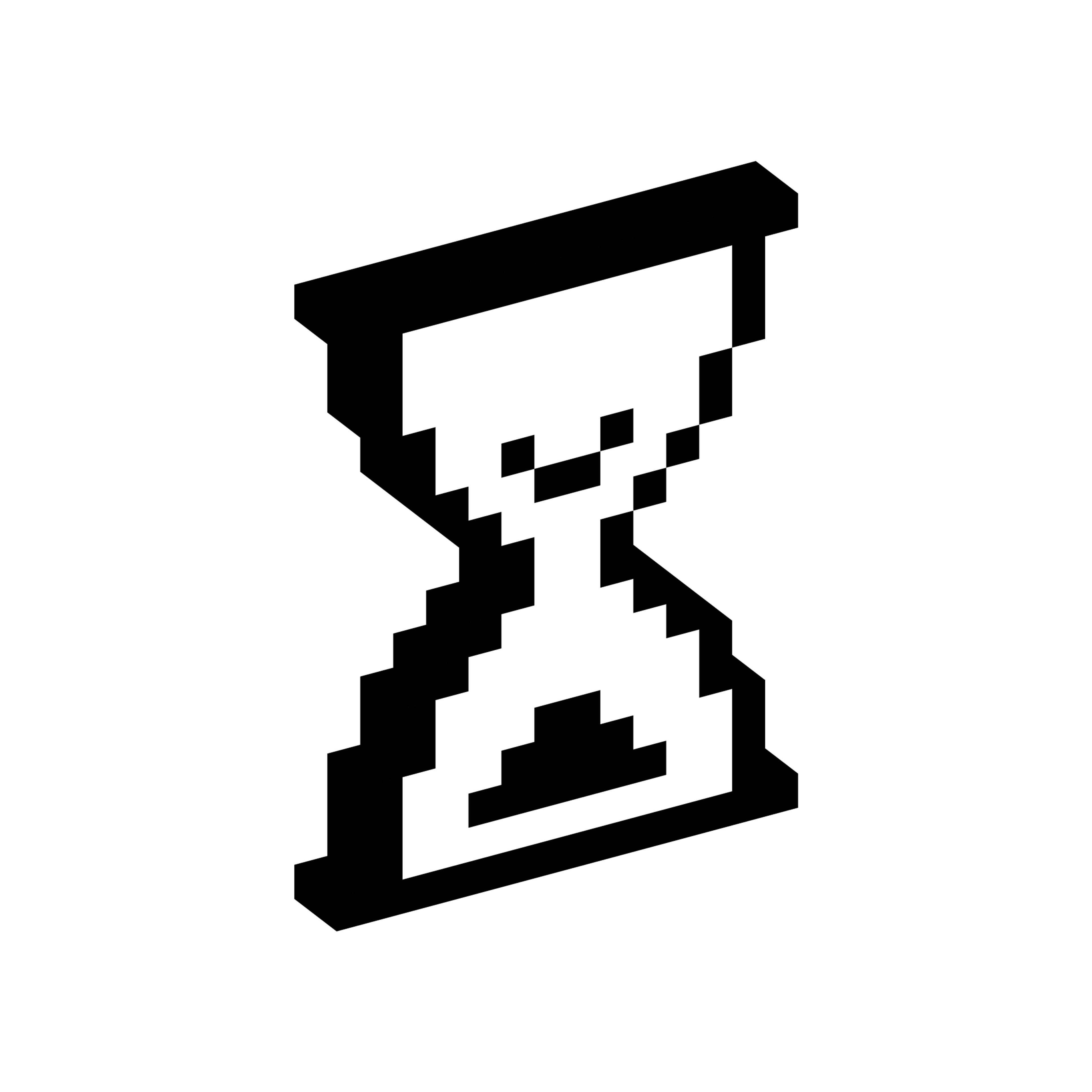 Hourglass shape with sand collected in the lower chamber shown in a blocky three-dimensional pixel style